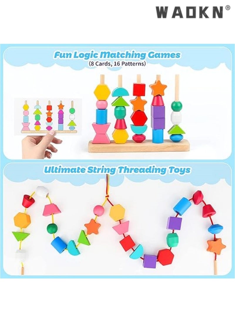 WAOKN Wooden Beads Sequencing Toy Set, Lacing Beads & Matching Shape,Montessori Toys for 2 3 4 5 Year Old Preschool Education Toys Gifts for Kids Boy Girl  - Image 3