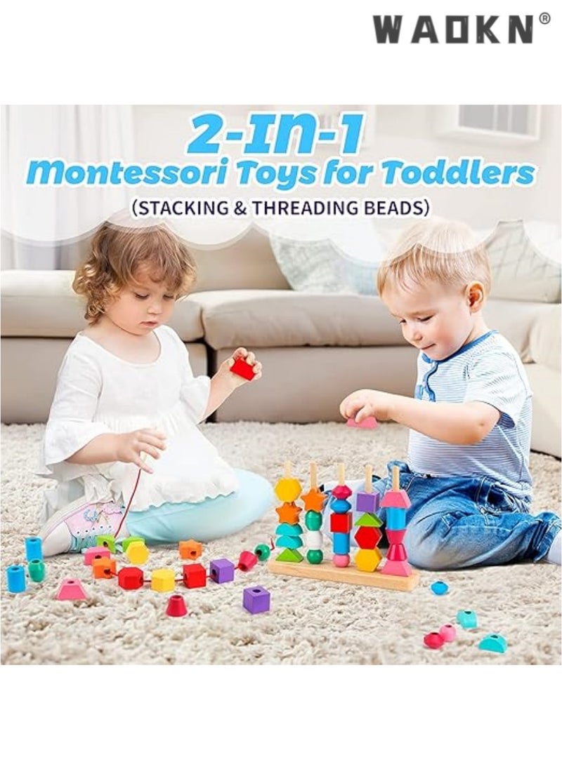 WAOKN Wooden Beads Sequencing Toy Set, Lacing Beads & Matching Shape,Montessori Toys for 2 3 4 5 Year Old Preschool Education Toys Gifts for Kids Boy Girl  - Image 2