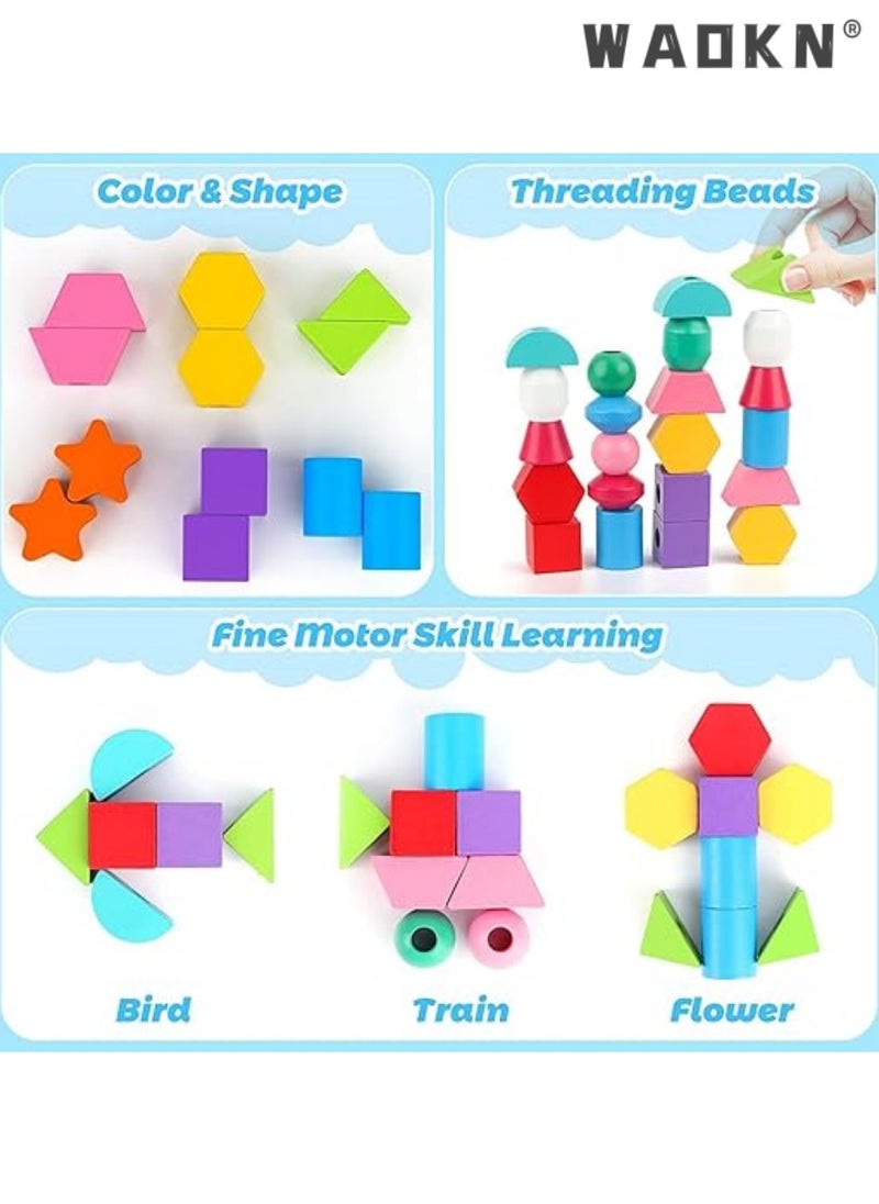 WAOKN Wooden Beads Sequencing Toy Set, Lacing Beads & Matching Shape,Montessori Toys for 2 3 4 5 Year Old Preschool Education Toys Gifts for Kids Boy Girl  - Image 4