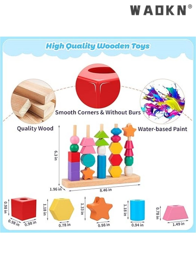 WAOKN Wooden Beads Sequencing Toy Set, Lacing Beads & Matching Shape,Montessori Toys for 2 3 4 5 Year Old Preschool Education Toys Gifts for Kids Boy Girl  - Image 5