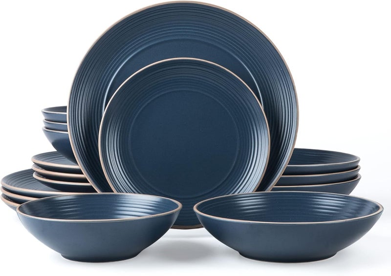 Arora RINGAR Round Stoneware 16pc Double Bowl Dinnerware Set for 4 Dinner Plates Side Plates Cereal Bowls Pasta Bowls  Speckle Matte Blue 420796 - Image 1