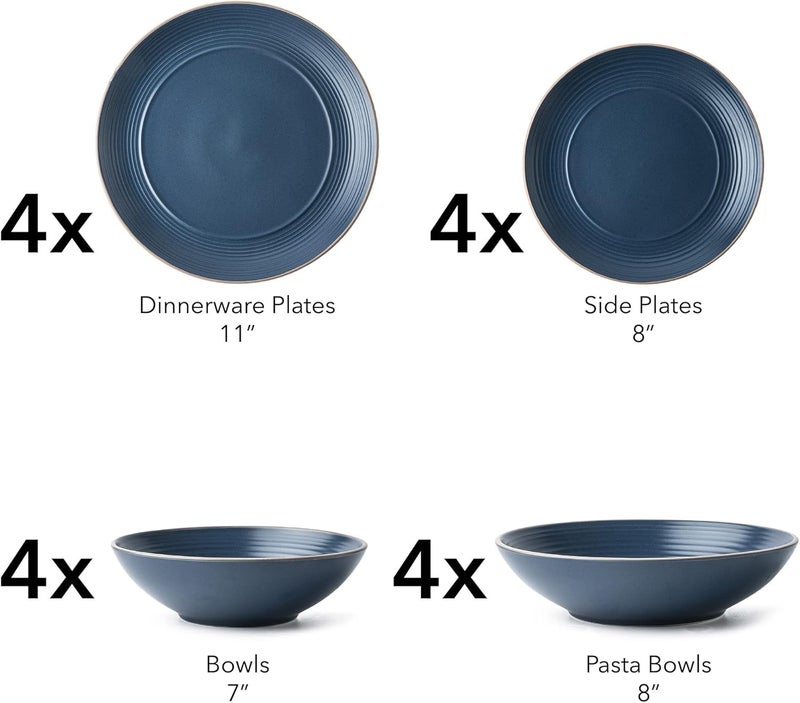 Arora RINGAR Round Stoneware 16pc Double Bowl Dinnerware Set for 4 Dinner Plates Side Plates Cereal Bowls Pasta Bowls  Speckle Matte Blue 420796 - Image 2