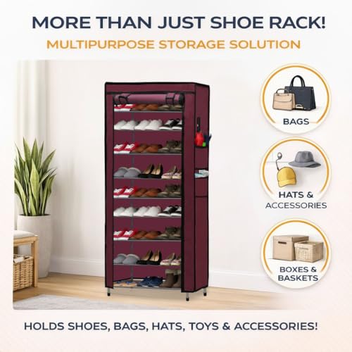 RAXON WORLD 9-Tier Shoe Rack, Shoe Storage Cabinet with Dustproof Cover, Free-Standing Shoe Storage Organizer for Closet, Entryway, Hold 36+ Pairs of Shoes, for Sneakers, High Heels - Maroon - Image 2