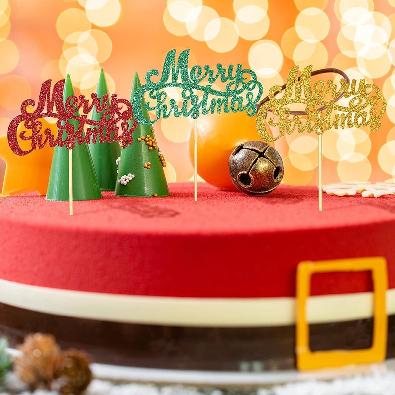 كلاراكو 48 قطعة من زينة كب كيك عيد الميلاد المجيد باللون الأحمر والأخضر والذهبي، زينة كب كيك عيد الميلاد اللامعة، أعواد فاكهة لحفلات عيد الميلاد، زينة حلويات الكب كيك - Image 4