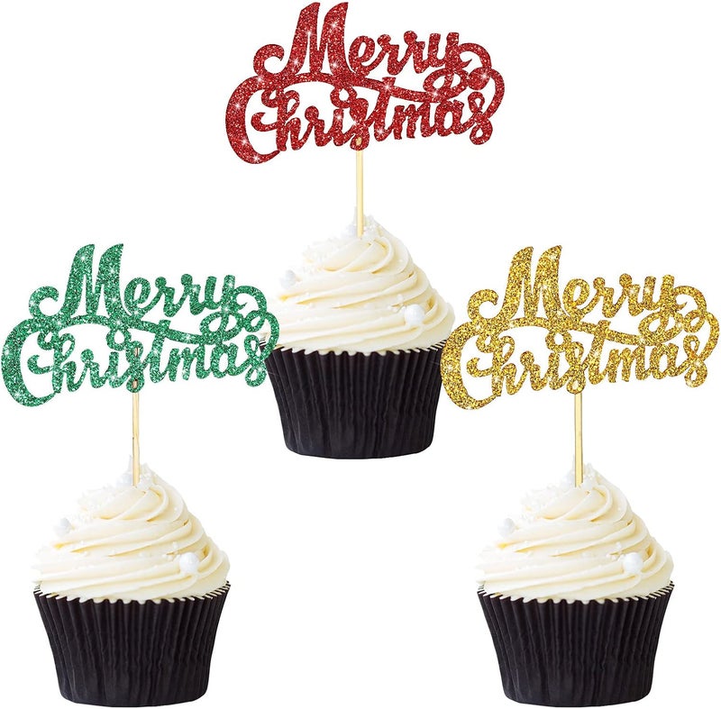 كلاراكو 48 قطعة من زينة كب كيك عيد الميلاد المجيد باللون الأحمر والأخضر والذهبي، زينة كب كيك عيد الميلاد اللامعة، أعواد فاكهة لحفلات عيد الميلاد، زينة حلويات الكب كيك - Image 1