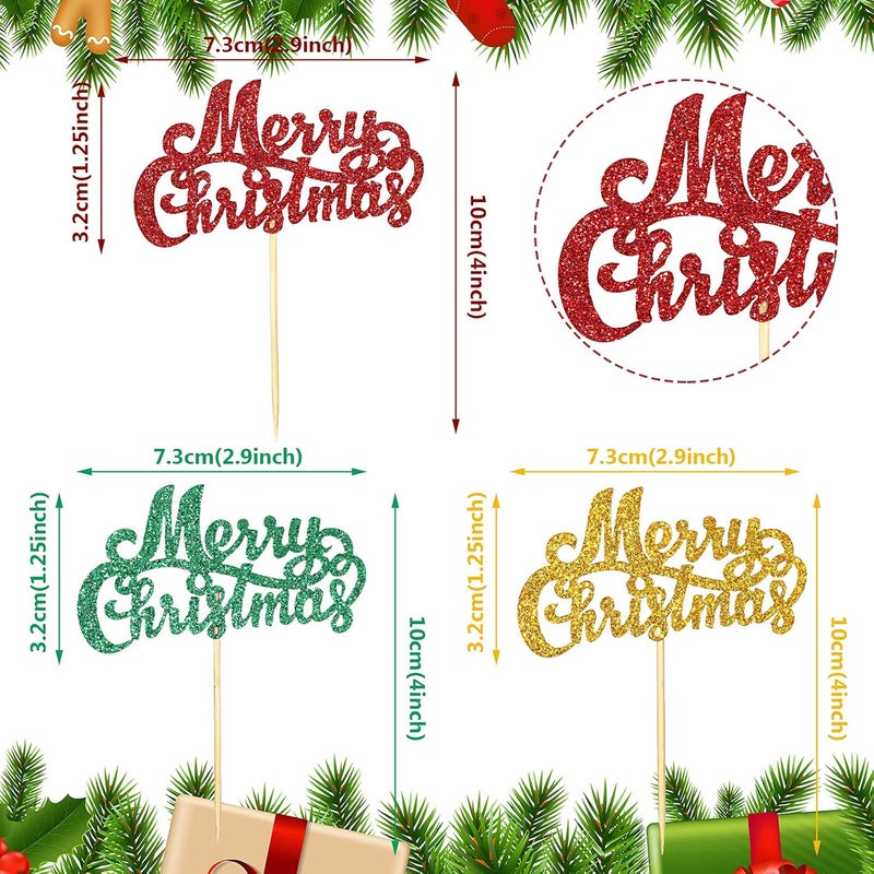 كلاراكو 48 قطعة من زينة كب كيك عيد الميلاد المجيد باللون الأحمر والأخضر والذهبي، زينة كب كيك عيد الميلاد اللامعة، أعواد فاكهة لحفلات عيد الميلاد، زينة حلويات الكب كيك - Image 2