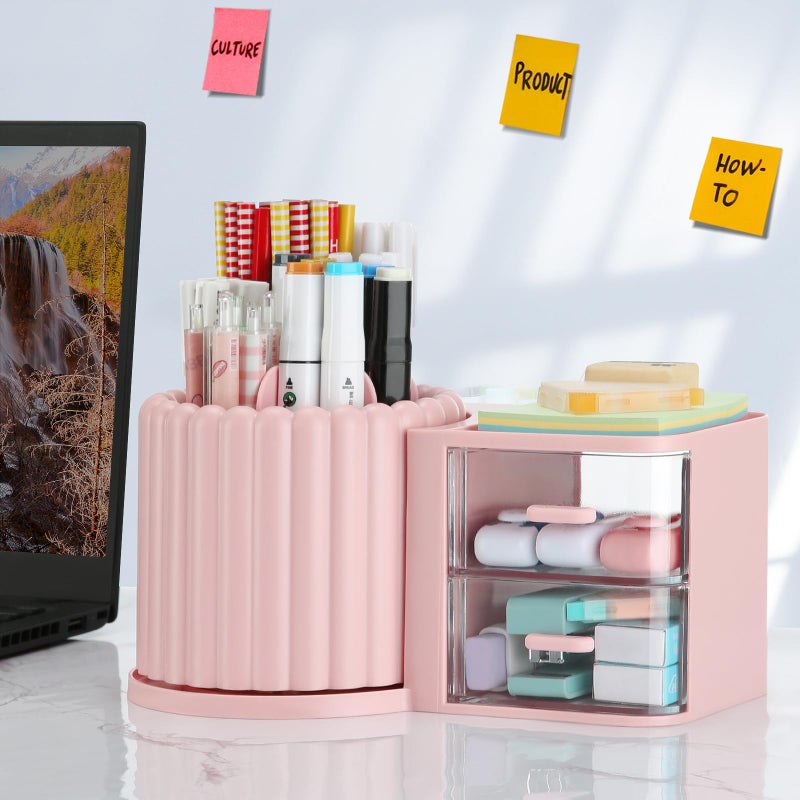 LETURE Rotating Office Desk Organizers and Accessories with 2 Drawer, Pencil Pen Marker Holder for Desk, Desktop Storage Organizers and Accessories for Office Home Art Supplies (Pink) - Image 2