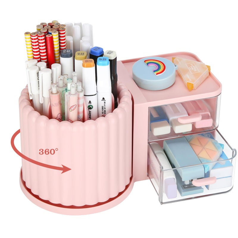 LETURE Rotating Office Desk Organizers and Accessories with 2 Drawer, Pencil Pen Marker Holder for Desk, Desktop Storage Organizers and Accessories for Office Home Art Supplies (Pink) - Image 1