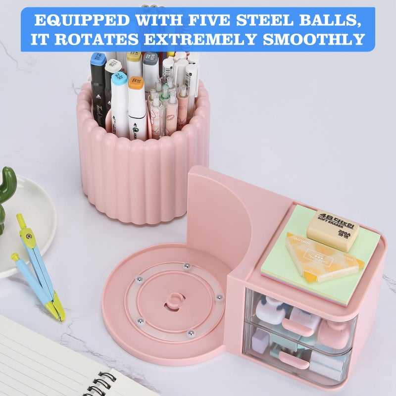 LETURE Rotating Office Desk Organizers and Accessories with 2 Drawer, Pencil Pen Marker Holder for Desk, Desktop Storage Organizers and Accessories for Office Home Art Supplies (Pink) - Image 4