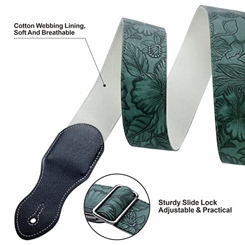 Nefelibata Guitar Strap with Pick Pocket,2.3 inch Porter Style Vegan Leather Carving Guitar Straps,60s Vintage Style Include Guitar Pick,Strap Button and Strap Lock (Green) - Image 5