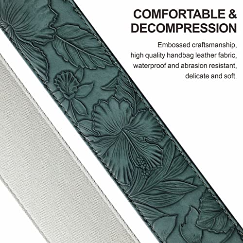 Nefelibata Guitar Strap with Pick Pocket,2.3 inch Porter Style Vegan Leather Carving Guitar Straps,60s Vintage Style Include Guitar Pick,Strap Button and Strap Lock (Green) - Image 3