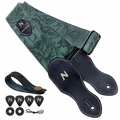 Nefelibata Guitar Strap with Pick Pocket,2.3 inch Porter Style Vegan Leather Carving Guitar Straps,60s Vintage Style Include Guitar Pick,Strap Button and Strap Lock (Green) - Image 1