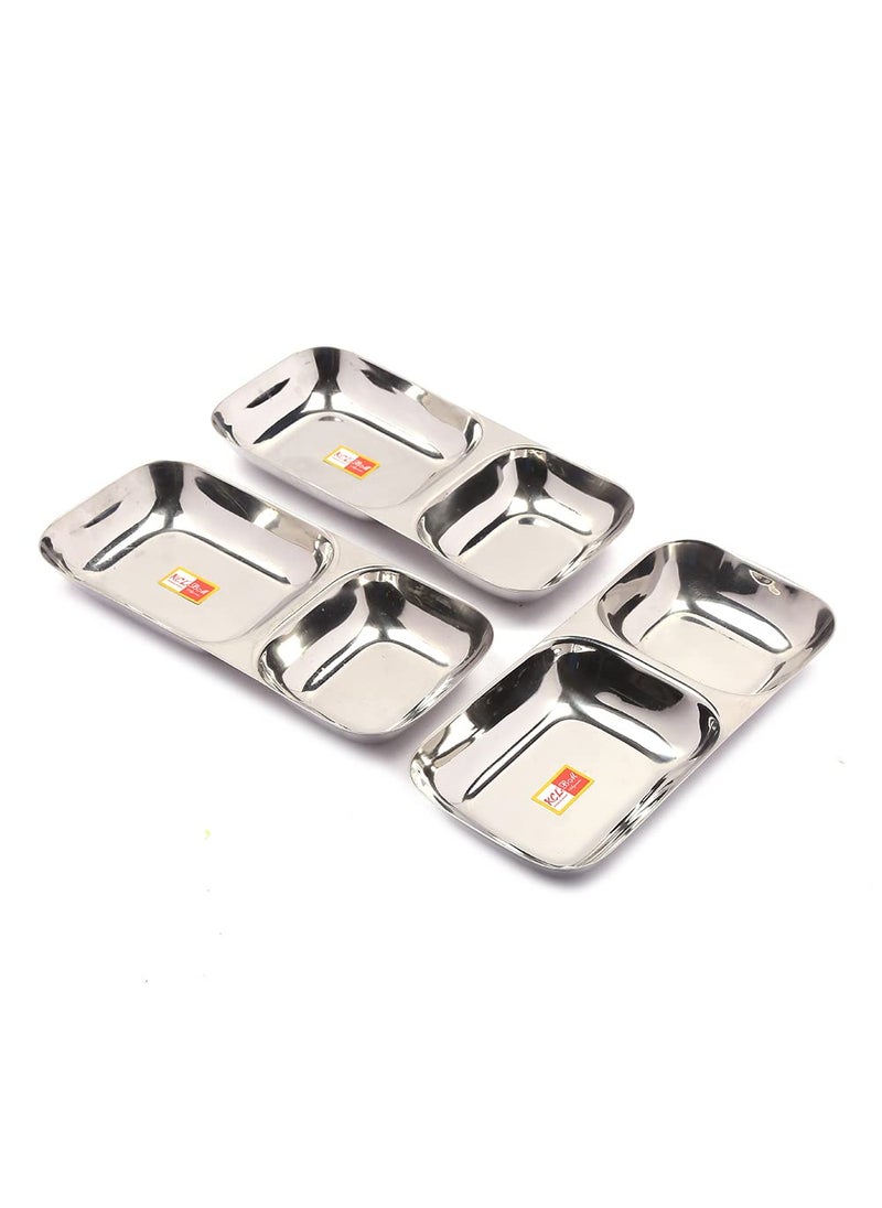 KCL KCL Stainless Steel Compact Partition Plate Heavy Guage Mirror Finish Breakfast Plate / Pav Bhaji Plate/Compartment Plate - 2 in1 - 3 Unit (Diameter - 21 Cm)  - Image 1
