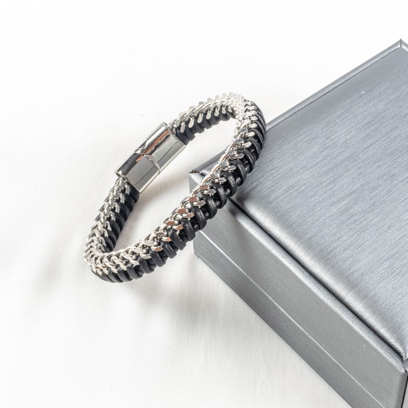 أسورة رجالي أستانليس ستيل وجلد فضي - Image 2