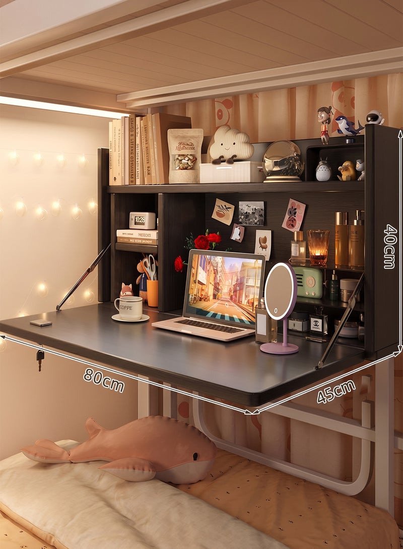 OSSO 80CM Foldable Bunk Bed Desk with LED Light Privacy Lock Bed Desk with Shelves Black Walnut Space Saving Dorm Desk Flip Top Movable Bookshelf Overbed Desk Height Adjustable Loft Bed Desk Bedside Shelf for College Apartments - Image 2