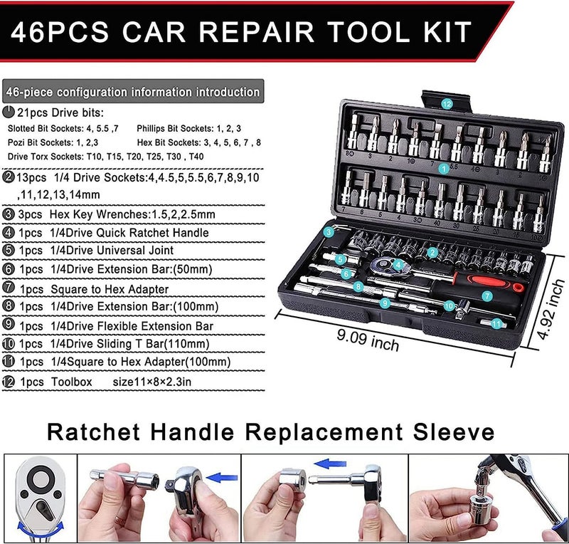 Sument Tool Kit 46 Pieces Power Hand Tools Metric Socket Wrench MultiPurpose Set 14 Inch Drive Sockets with Reversible Ratchet and Extension Bars for Mechanics Household Car Bike Repairing - Image 2