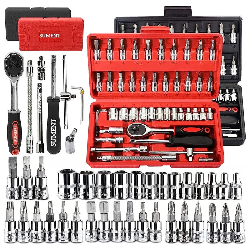 Sument Tool Kit 46 Pieces Power Hand Tools Metric Socket Wrench MultiPurpose Set 14 Inch Drive Sockets with Reversible Ratchet and Extension Bars for Mechanics Household Car Bike Repairing - Image 1