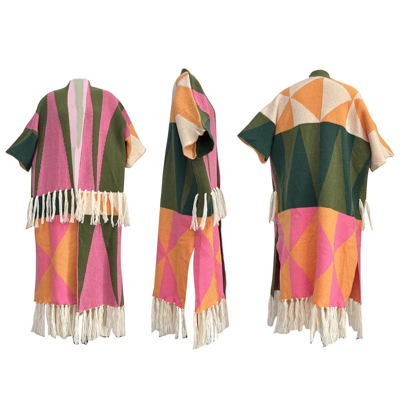 NRTHYE Women's Tassel Sweater Cardigan Open Front Fringe Colorful Long Cardigan Poncho Wrap Sweater - Image 5