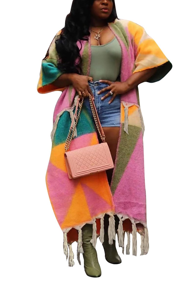 NRTHYE Women's Tassel Sweater Cardigan Open Front Fringe Colorful Long Cardigan Poncho Wrap Sweater - Image 1