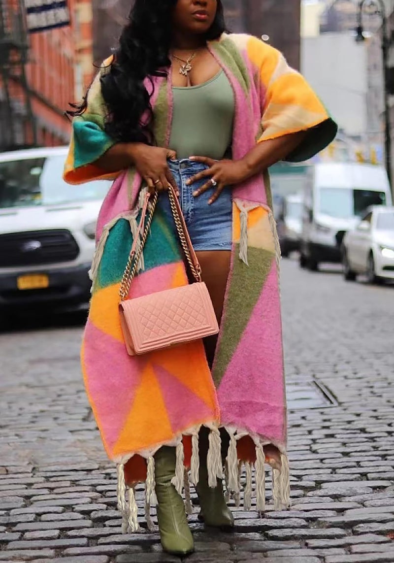 NRTHYE Women's Tassel Sweater Cardigan Open Front Fringe Colorful Long Cardigan Poncho Wrap Sweater - Image 2