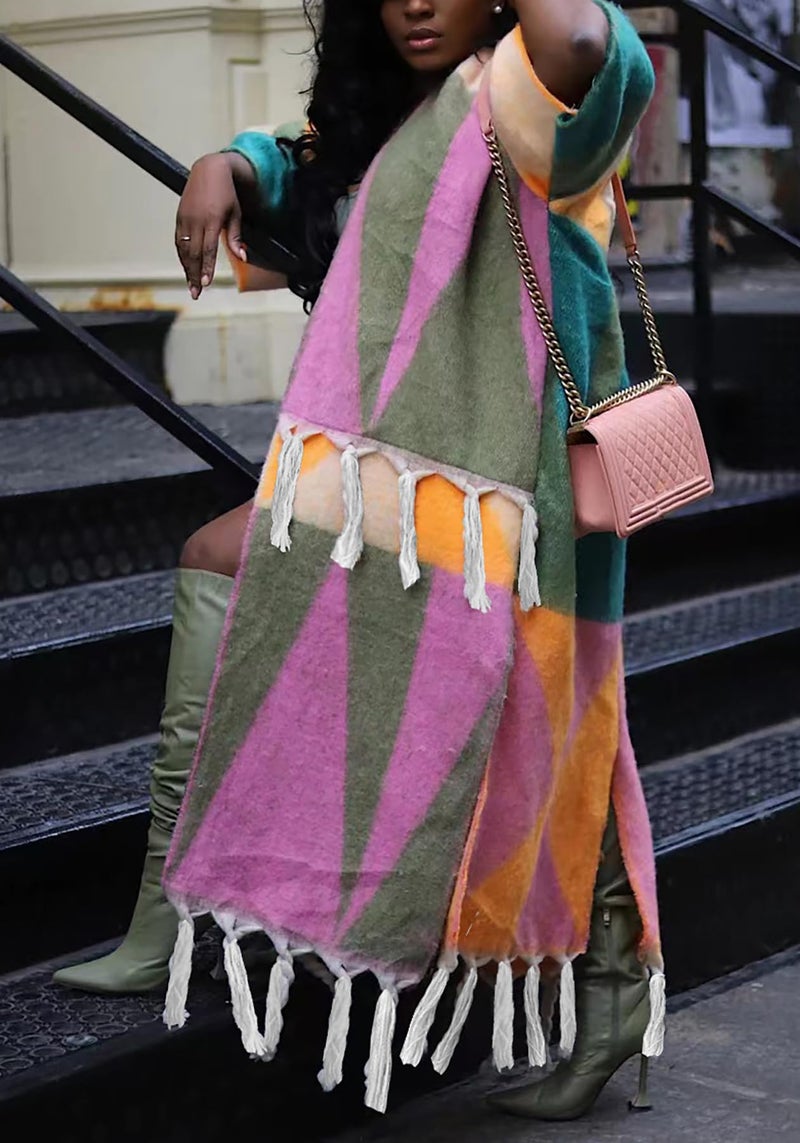 NRTHYE Women's Tassel Sweater Cardigan Open Front Fringe Colorful Long Cardigan Poncho Wrap Sweater - Image 4