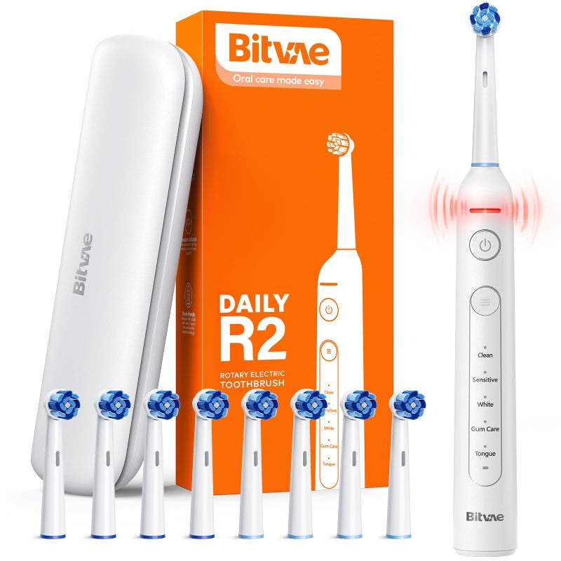 Bitvae R2 Rotating Electric Toothbrush for Adults with 8 Brush Heads 5 Modes Rechargeable Power Toothbrush with Pressure Sensor White