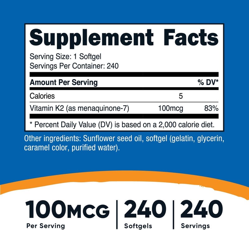 Nutricost Vitamin K2 MK7 100 mcg 240 Softgels  Gluten Free and NonGMO MK7 - Image 2
