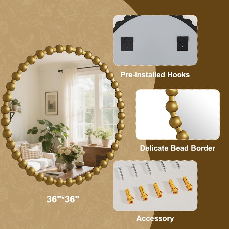 Easly Round Mirror for Wall, 36 Inch Gold Beaded Frame Decorative Vanity Mirror, Circle Bathroom Mirror with High-Definition Lense, Modern Wall Decor for Bathroom, Living Room, Bedroom, Entryway - Image 4