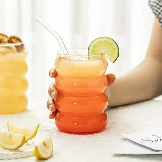MYNA LIFE MYNA LIFE Creative Glass Cups with Bamboo Lids and Straws Wave Shape Drinking Glasses Beer Glasses Can Shaped Glass Cups Cute Tumbler Cup for Cocktail Juice Iced Coffee Set of 1  - Image 1