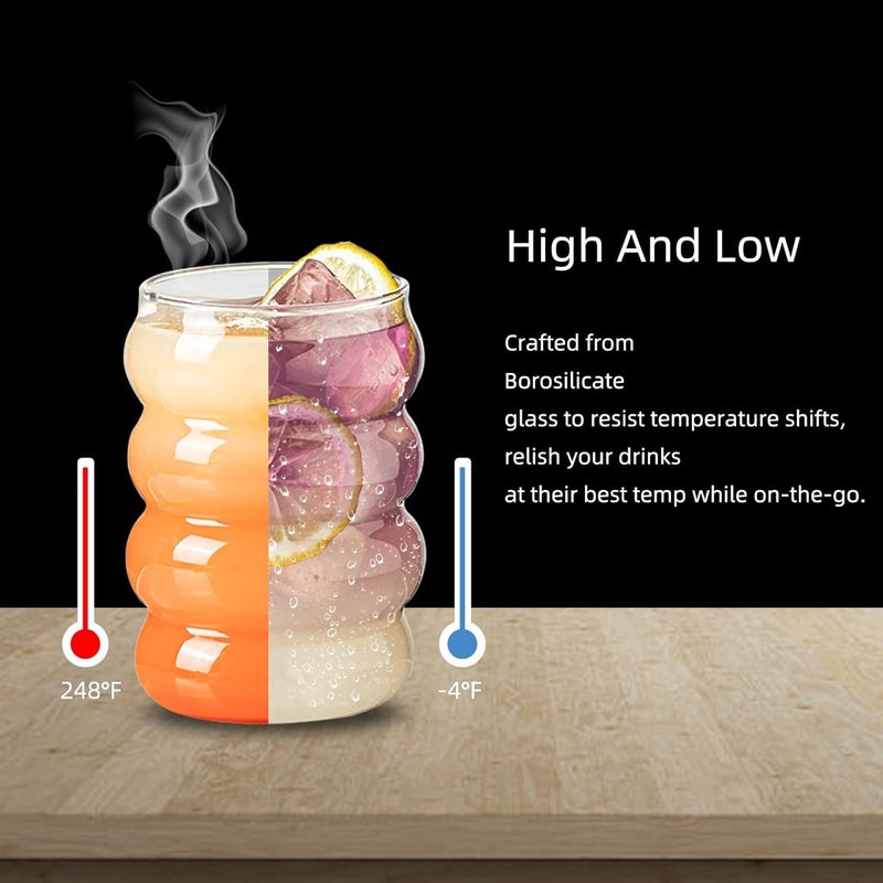 MYNA LIFE MYNA LIFE Creative Glass Cups with Bamboo Lids and Straws Wave Shape Drinking Glasses Beer Glasses Can Shaped Glass Cups Cute Tumbler Cup for Cocktail Juice Iced Coffee Set of 1  - Image 3