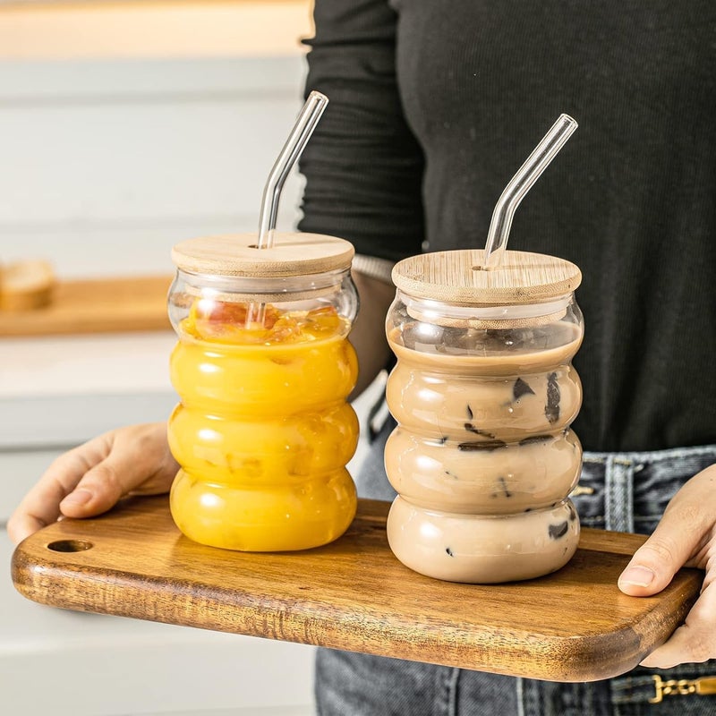 MYNA LIFE MYNA LIFE Creative Glass Cups with Bamboo Lids and Straws Wave Shape Drinking Glasses Beer Glasses Can Shaped Glass Cups Cute Tumbler Cup for Cocktail Juice Iced Coffee Set of 1  - Image 5