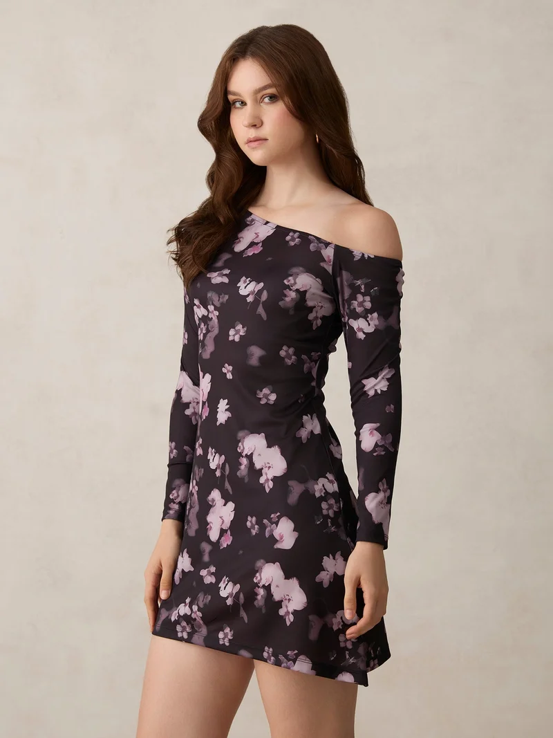 OUTZIDR Black Printed Asymmetric Mini Off Shoulder Aline Dress