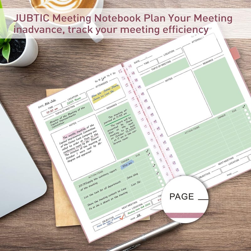 JUBTIC Meeting Notebook for Work with Action Items, Work Journal,Project Planner Organizer,Business Notebook for Women - Easily Take Meeting Notes And Keep Agendas on Track -Pink (7x10") - Image 3