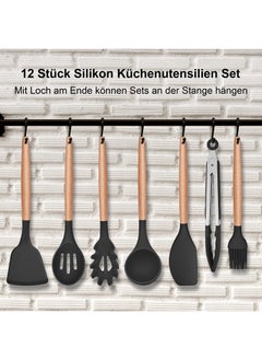 VIO 12PCS Silicone Cooking Utensil Kit with Wooden Handles Heat Resistant Spatulas Non-Stick Gadgets for Kitchen Frying Pan Skimmer Ladle Tongs Whisk Pasta Server Home Durable Set  - Image 5