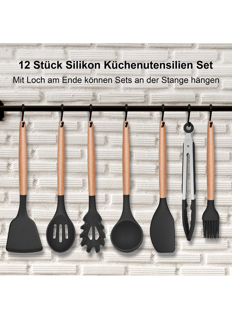 VIO 12PCS Silicone Cooking Utensil Kit with Wooden Handles Heat Resistant Spatulas Non-Stick Gadgets for Kitchen Frying Pan Skimmer Ladle Tongs Whisk Pasta Server Home Durable Set  - Image 5