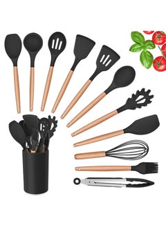 VIO 12PCS Silicone Cooking Utensil Kit with Wooden Handles Heat Resistant Spatulas Non-Stick Gadgets for Kitchen Frying Pan Skimmer Ladle Tongs Whisk Pasta Server Home Durable Set  - Image 1