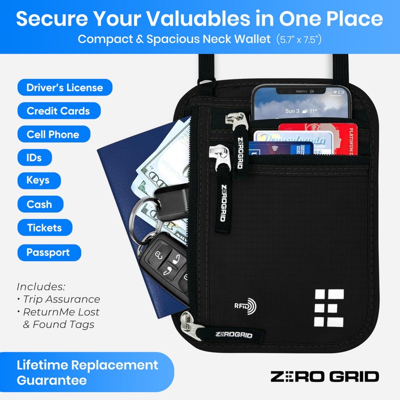 Zero Grid محفظة عنق للسفر وحامل جواز السفر مع حجب RFID - حقيبة سفر نحيفة وسهلة الإخفاء من النايلون للرجال والنساء - تحمل الهاتف والنقود والبطاقات والمفاتيح - مقاومة للعرق والماء - كبيرة - سوداء - Image 2