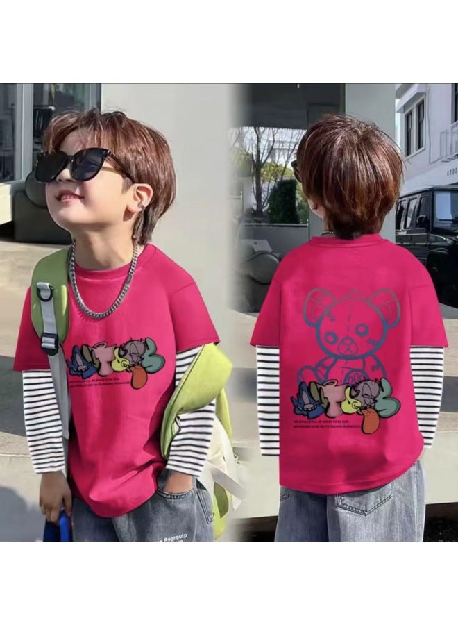 Boys' Cotton Long-sleeve T-shirt Spring/autumn New Style Big Kids Baby Fake Two-piece Striped Base Layer Top