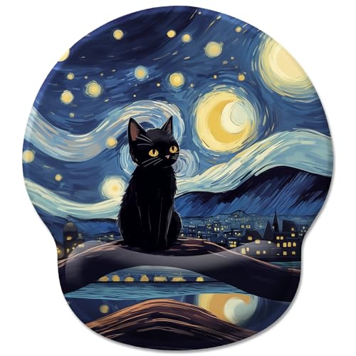 Hancynir Black Cat Ergonomic Mouse Pad Wrist Support, Starry Night Gel Mouse Pads with Wrist Rest, Cute Computer Mousepad for Desk with Non-Slip PU Base, Comfortable Mouse Pad Office Desk Accessories - Image 1