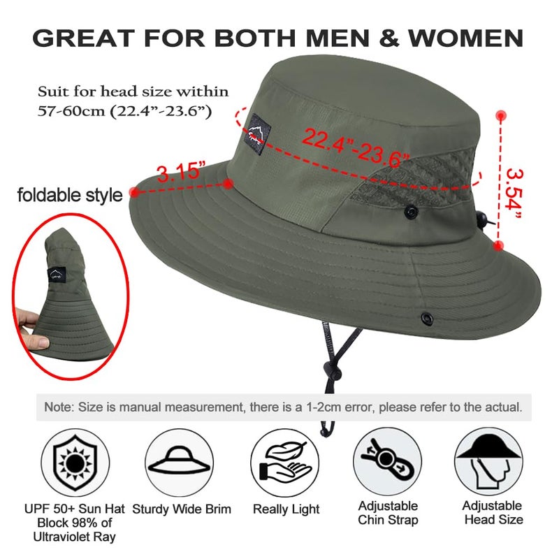Sireck Fishing Hat, UPF50+ Wide Brim Sun Hat for Men Women, UV Protection Hiking Beach Bucket Hats Summer Safari Hat (Army Green-1) - Image 2