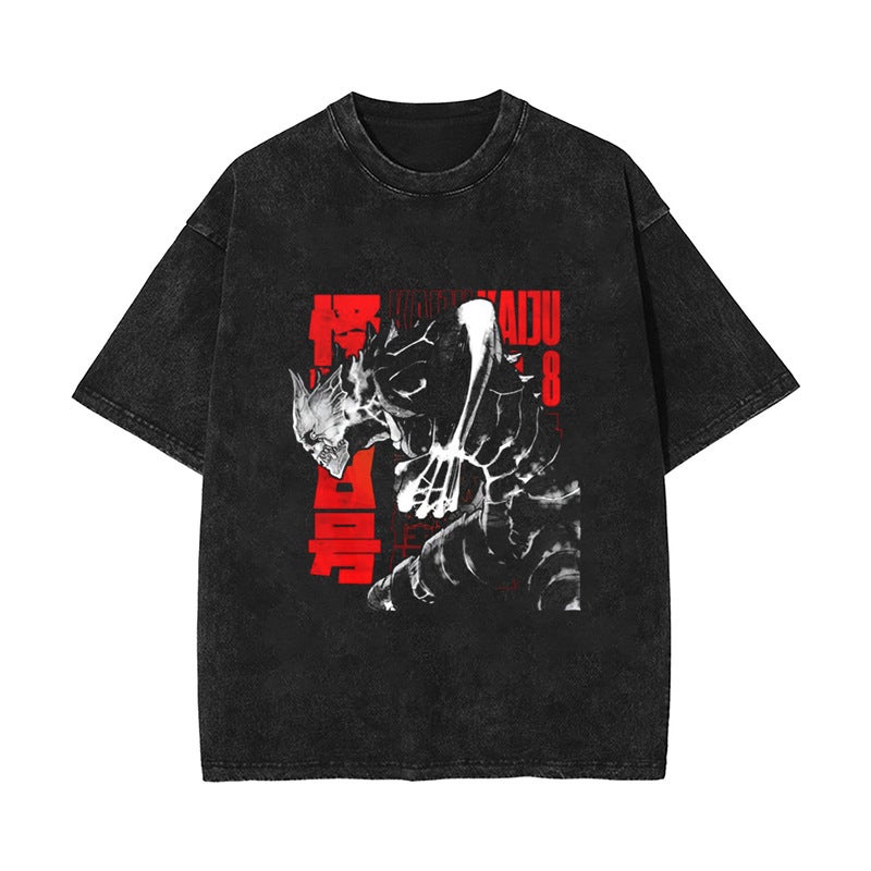 2025 Export New Anime Kaiju No.8 Monster No. 8 Retro Cotton Washed Distressed Short-Sleeved T-Shirt - Image 2