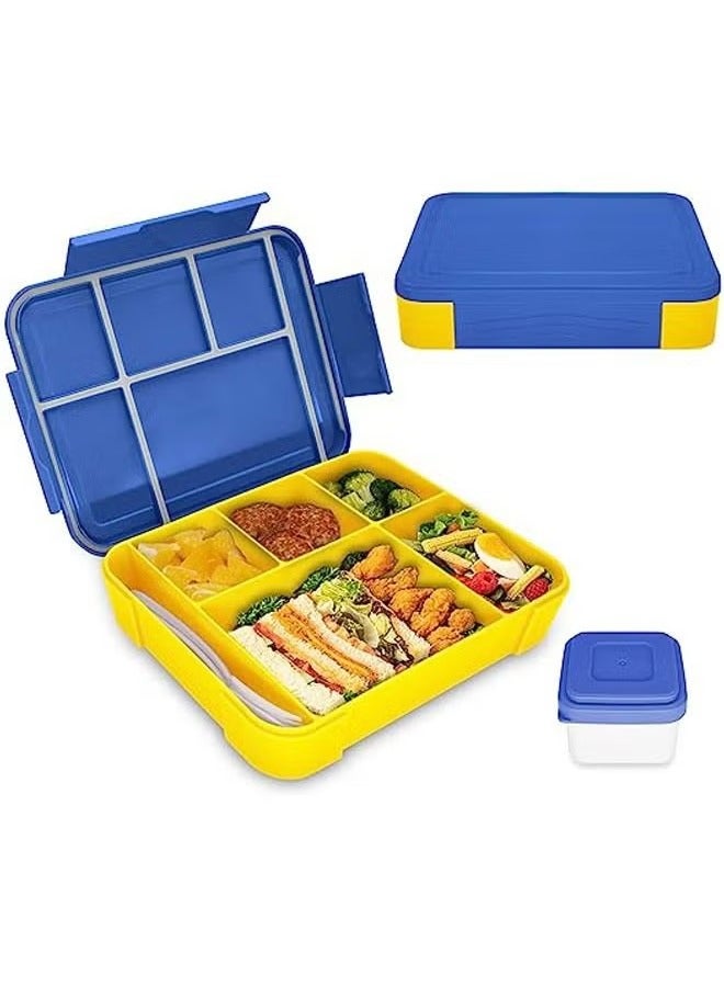 Lunch Box 1330 ml, Bento Box Leak-Proof Airtight Lunch Box with 5 Compartments Cutlery Set, Lunch Box for Microwave Dishwashers, Lunch Box for Adults and Children plastic blue yellow 23x17x4.8 cm  - Image 1