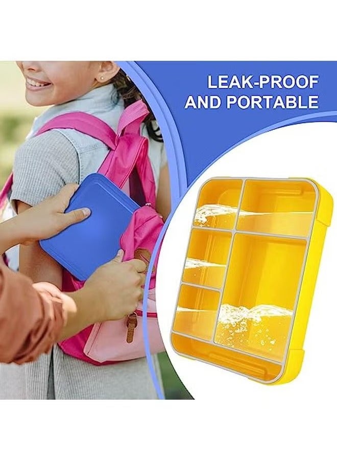 Lunch Box 1330 ml, Bento Box Leak-Proof Airtight Lunch Box with 5 Compartments Cutlery Set, Lunch Box for Microwave Dishwashers, Lunch Box for Adults and Children plastic blue yellow 23x17x4.8 cm  - Image 4