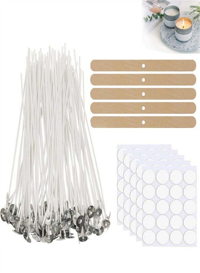 100 Pcs Cotton Candle Wicks (10cm) with 100 Pcs Wick Stickers and 5 Pcs Wooden Candle Wick Holders, Candle Wicks for Pillar Candle Making and Candle DIY