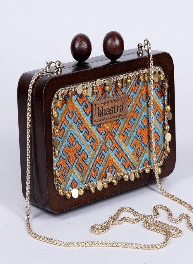 BHASTRA Nazakat Rust - Embroidery Sling Bag | Handloom Cotton | 4 Card Slots | Sturdy Wooden Frame With A Bold Knob Clasp |Detachable Golden Chain |Ideal For Gifting, Weddings & Festive - Image 3