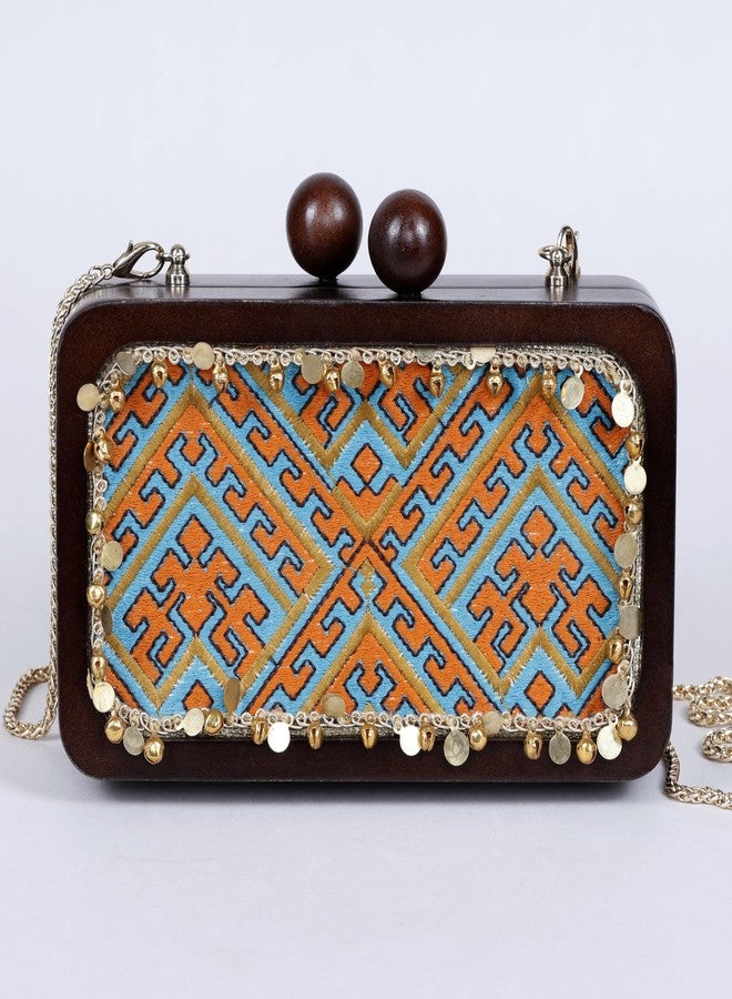 BHASTRA Nazakat Rust - Embroidery Sling Bag | Handloom Cotton | 4 Card Slots | Sturdy Wooden Frame With A Bold Knob Clasp |Detachable Golden Chain |Ideal For Gifting, Weddings & Festive - Image 4