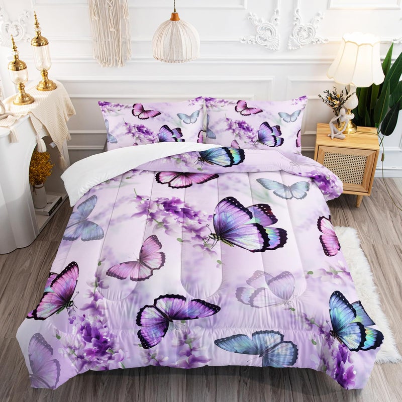 XYNHML Lavender Butterfly Comforter Set for Girl Kid Adult Colorful Butterfly Pattern Bedding Set Aesthetics Butterflies Quilt Bed Set Full Size with 1 Comforter and 2 Pillowcases - Image 4