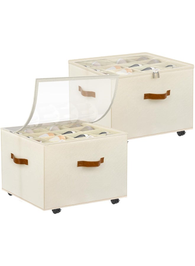 2 Pack Foldable Shoe Organizer for Closet with Wheels, Adjustable Dividers & Clear Cover, Beige - Image 1