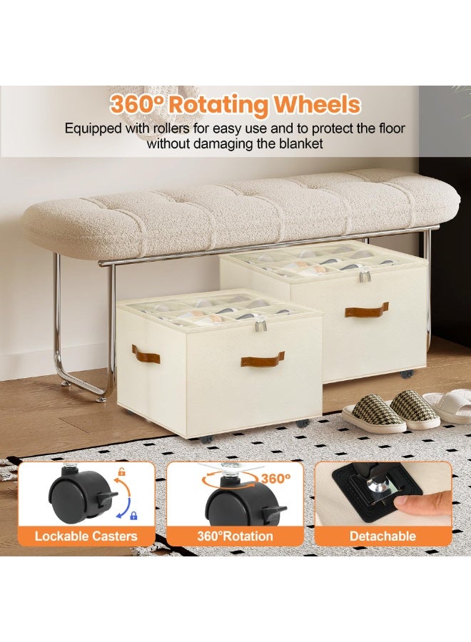 2 Pack Foldable Shoe Organizer for Closet with Wheels, Adjustable Dividers & Clear Cover, Beige - Image 3