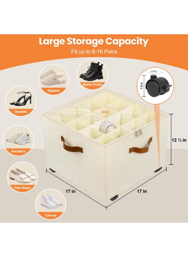 2 Pack Foldable Shoe Organizer for Closet with Wheels, Adjustable Dividers & Clear Cover, Beige - Image 2
